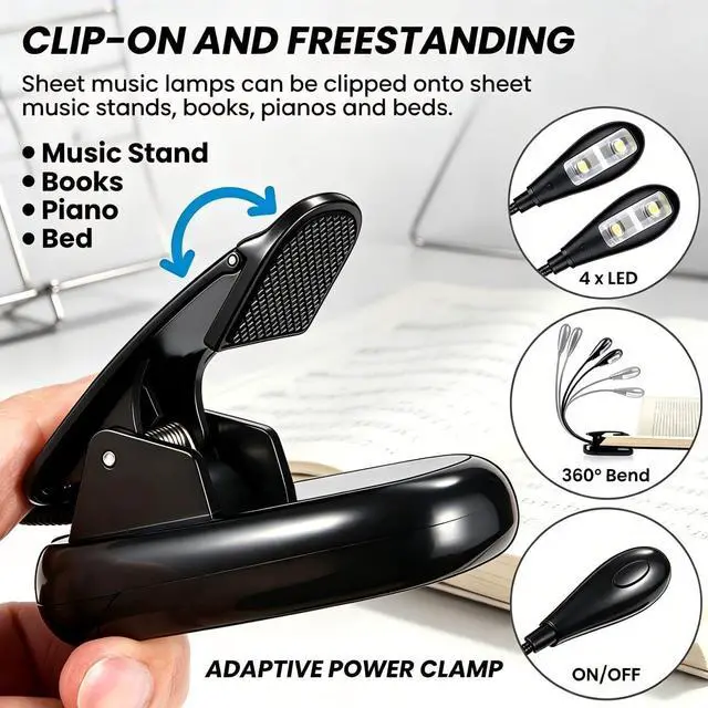 Alt view image 2 of 6 - Book Light Bulk 10Pack, Music Stand Light Clip on LED, USB and AAA Battery Operated, Reading Lamp in Bed, 2 Brightness Levels, Ideal for Musician, Piano Player, Kids, Travel Dual Arm Black