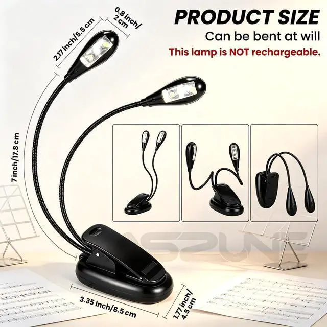 Alt view image 4 of 6 - Book Light Bulk 10Pack, Music Stand Light Clip on LED, USB and AAA Battery Operated, Reading Lamp in Bed, 2 Brightness Levels, Ideal for Musician, Piano Player, Kids, Travel Dual Arm Black