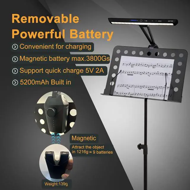 Alt view image 3 of 7 - Music Stand Lights,Removable Magnetic Battery, Rechargeble Battery Operated, Long-Lasting USB-C Eye-Care Clamp Lamp, Foldable,Sturdy,Super Bright for Sheet Music(Third Updated Version)