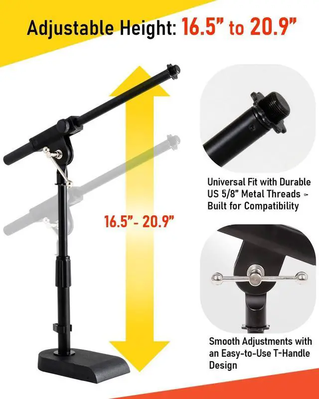 Alt view image 4 of 7 - Adjustable Low-profile Microphone Stand, 2 Pack - Snare/Tom Bottom/Bass (Kick) Drum/Table Top, Adjustable Height, Clip-on cable holder, Powered by Hamilton (SR610111-2PK)