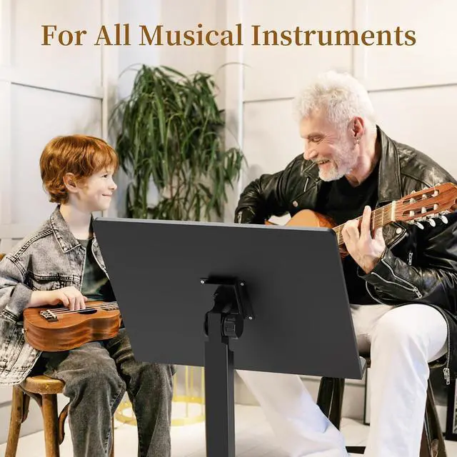 Alt view image 2 of 6 - Music Stand for Sheet Music - Bamboo Folding Sheet Music Stands With Tray Guitar Clip, Wooden Sheet Music Organizer Height Adjustable 39.37''-51.2'' for Conductor Lectern Violin (Black)