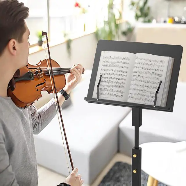 Alt view image 3 of 6 - Music Stand for Sheet Music - Bamboo Folding Sheet Music Stands With Tray Guitar Clip, Wooden Sheet Music Organizer Height Adjustable 39.37''-51.2'' for Conductor Lectern Violin (Black)