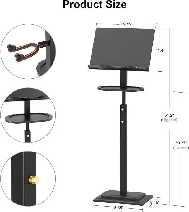 Alt view image 5 of 6 - Music Stand for Sheet Music - Bamboo Folding Sheet Music Stands With Tray Guitar Clip, Wooden Sheet Music Organizer Height Adjustable 39.37''-51.2'' for Conductor Lectern Violin (Black)