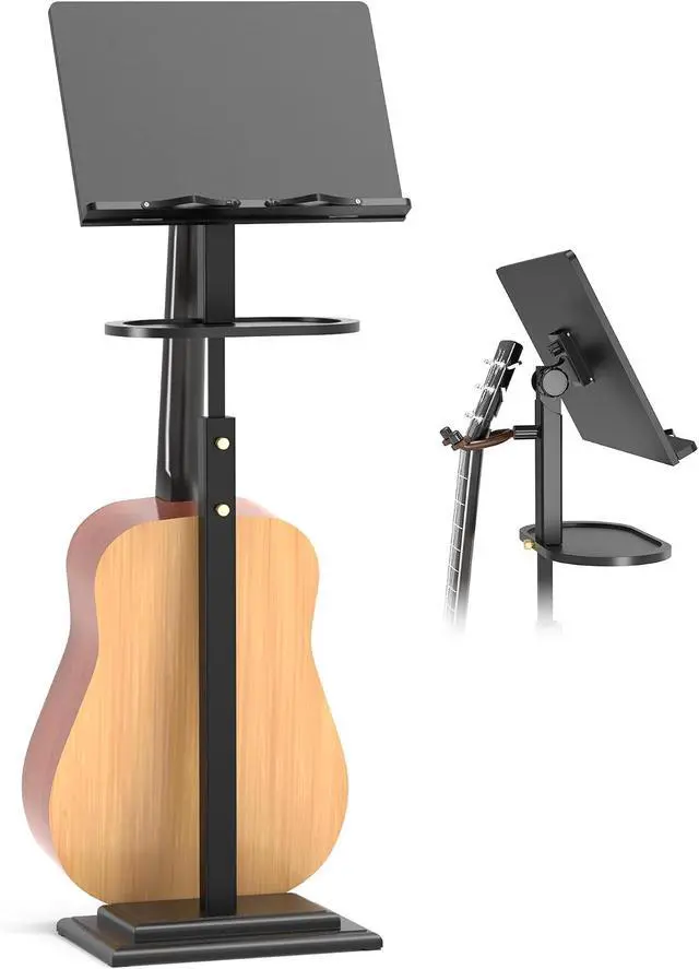 Alt view image 6 of 6 - Music Stand for Sheet Music - Bamboo Folding Sheet Music Stands With Tray Guitar Clip, Wooden Sheet Music Organizer Height Adjustable 39.37''-51.2'' for Conductor Lectern Violin (Black)