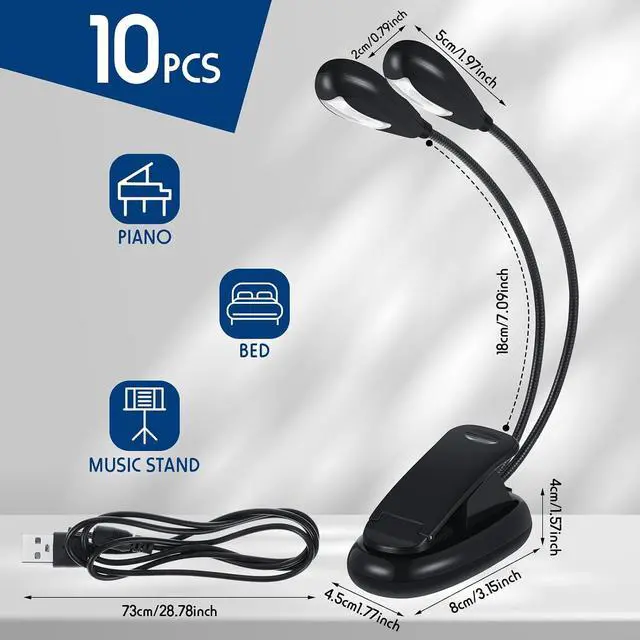 Alt view image 2 of 6 - 10 Pcs LED Book Light USB and AAA Battery Operated Music Stand Clip on Reading Light 4 Brightness Levels Dual Arm Clip Lamp for Eye Protection Bookworms Orchestra Readers Piano Player