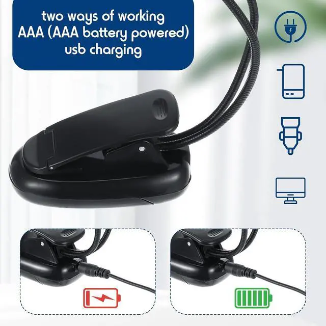 Alt view image 4 of 6 - 10 Pcs LED Book Light USB and AAA Battery Operated Music Stand Clip on Reading Light 4 Brightness Levels Dual Arm Clip Lamp for Eye Protection Bookworms Orchestra Readers Piano Player