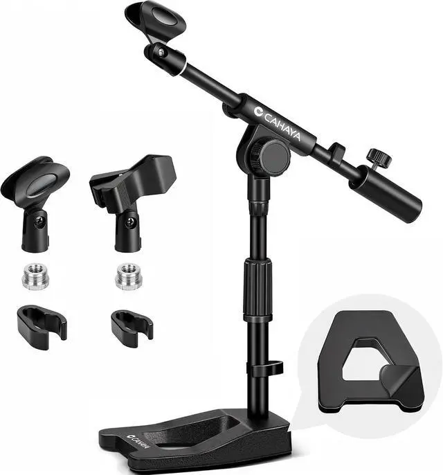 Main image of Mic Stand Desk Adjustable - Boom Arm Desktop Microphone Stand Metal Weighted Base A-frame Table Mic Mount with 2 Mic Clips 3/8" to 5/8" Screw Adapter Mic Mount for Singing Stage Performance