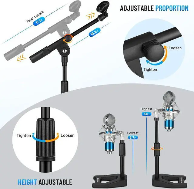 Alt view image 6 of 7 - Mic Stand Desk Adjustable - Boom Arm Desktop Microphone Stand Metal Weighted Base A-frame Table Mic Mount with 2 Mic Clips 3/8" to 5/8" Screw Adapter Mic Mount for Singing Stage Performance