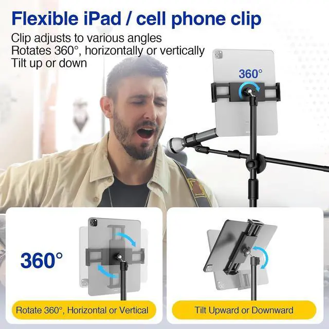 Alt view image 2 of 7 - Mic Stand, Microphone Stand Floor with Phone/Tablet Holder, Height Adjustable Boom Mic Stand Tripod With Carrying Bag for Singing Karaoke Stage