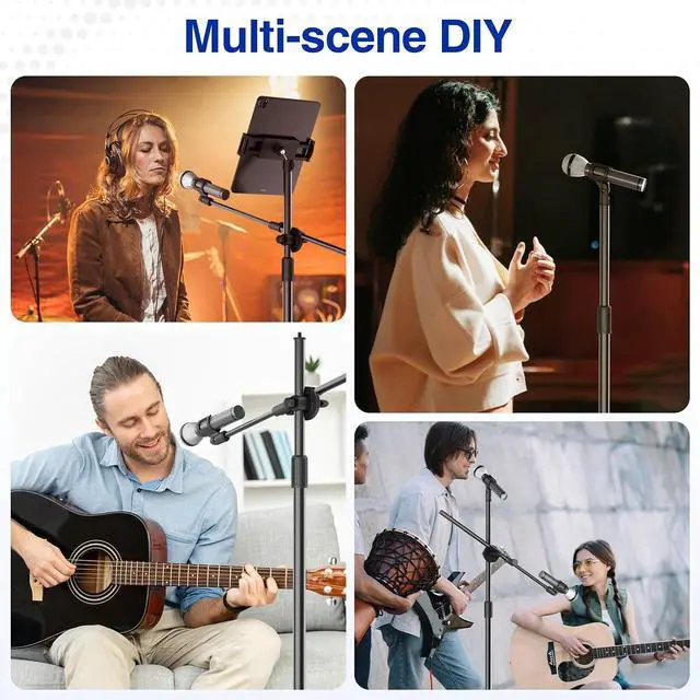 Alt view image 4 of 7 - Mic Stand, Microphone Stand Floor with Phone/Tablet Holder, Height Adjustable Boom Mic Stand Tripod With Carrying Bag for Singing Karaoke Stage