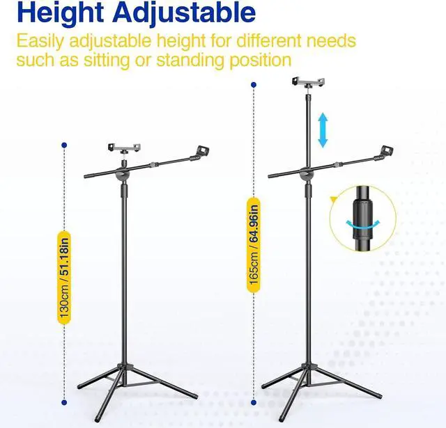 Alt view image 5 of 7 - Mic Stand, Microphone Stand Floor with Phone/Tablet Holder, Height Adjustable Boom Mic Stand Tripod With Carrying Bag for Singing Karaoke Stage