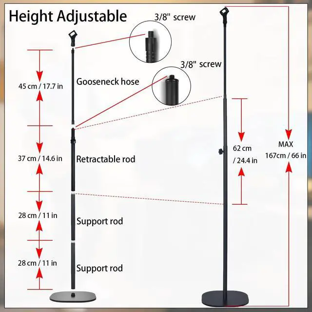 Alt view image 4 of 7 - Microphone Stand, Gooseneck Mic Stand Floor for Singing Height Adjustable from 36" to 66" with Heavy Duty Base for Samson Q2U Fifine AM8 Blue Yeti Elgato AT2020 AT2040