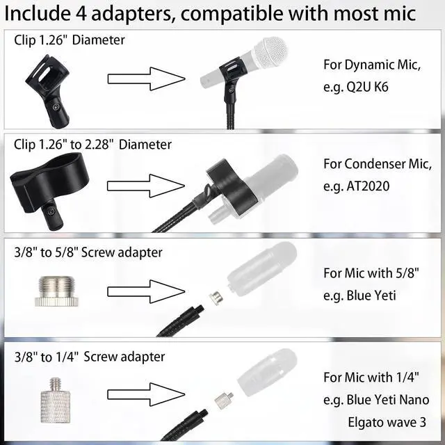 Alt view image 5 of 7 - Microphone Stand, Gooseneck Mic Stand Floor for Singing Height Adjustable from 36" to 66" with Heavy Duty Base for Samson Q2U Fifine AM8 Blue Yeti Elgato AT2020 AT2040