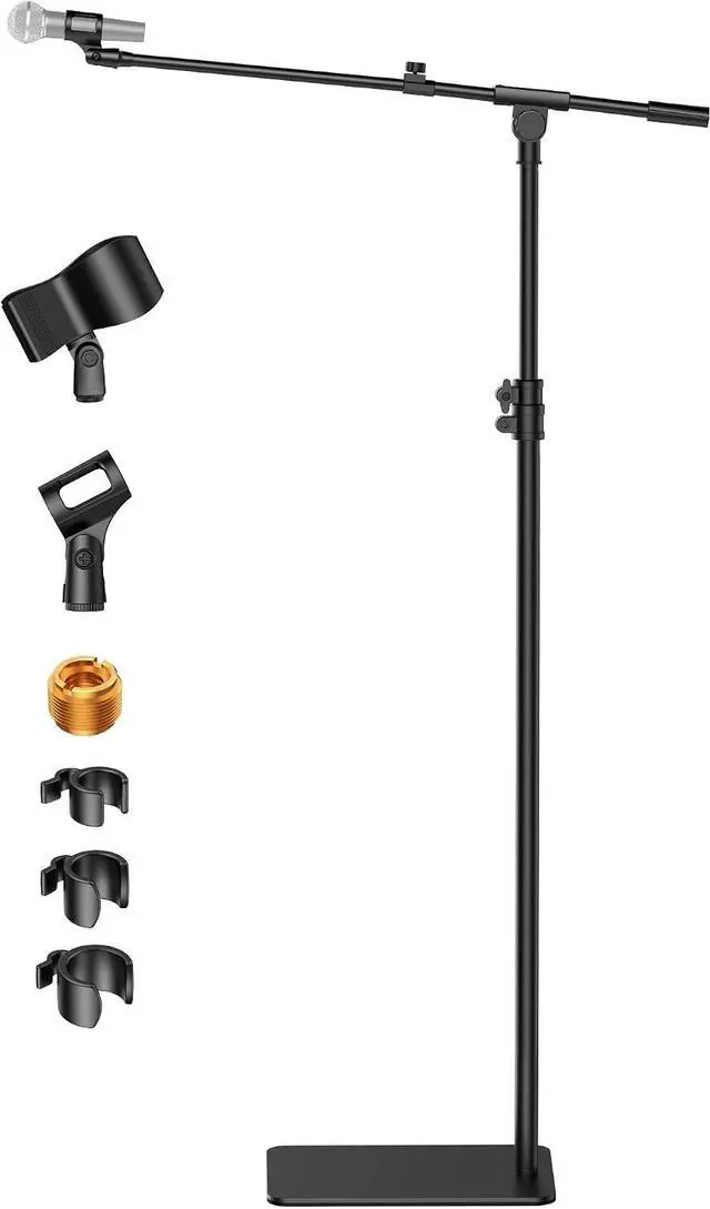 Main image of Mic Stand Floor, Boom Arm Floor Microphone Stand Height Adjustable Heavy Duty with Iron Base for HyperX SoloCast, HyperX QuadCast S, Razer Seiren V3 Mini, Blue Yeti Shure SM58 and Other Mics