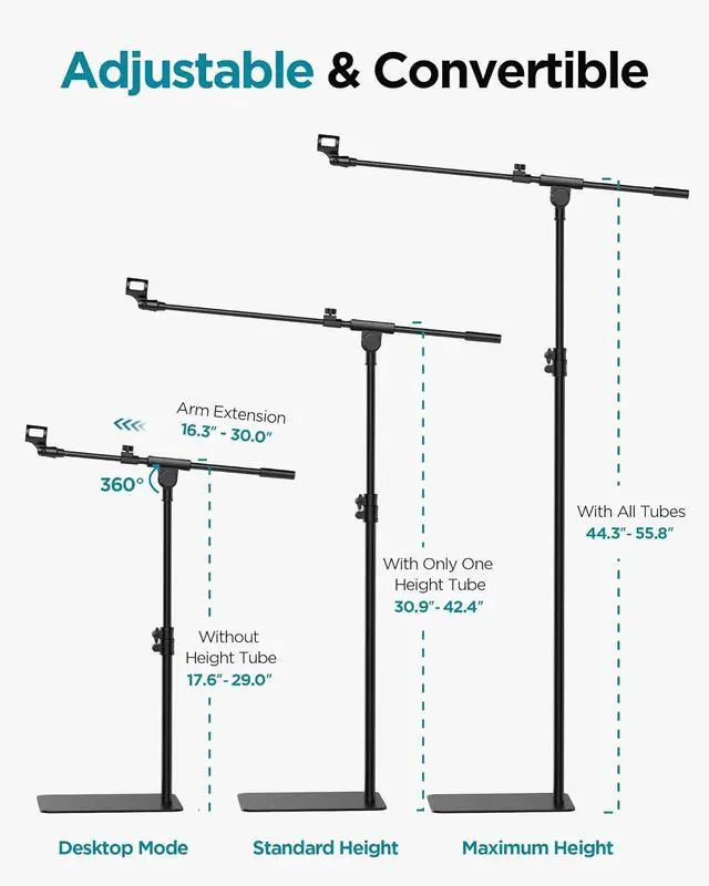 Alt view image 2 of 7 - Mic Stand Floor, Boom Arm Floor Microphone Stand Height Adjustable Heavy Duty with Iron Base for HyperX SoloCast, HyperX QuadCast S, Razer Seiren V3 Mini, Blue Yeti Shure SM58 and Other Mics