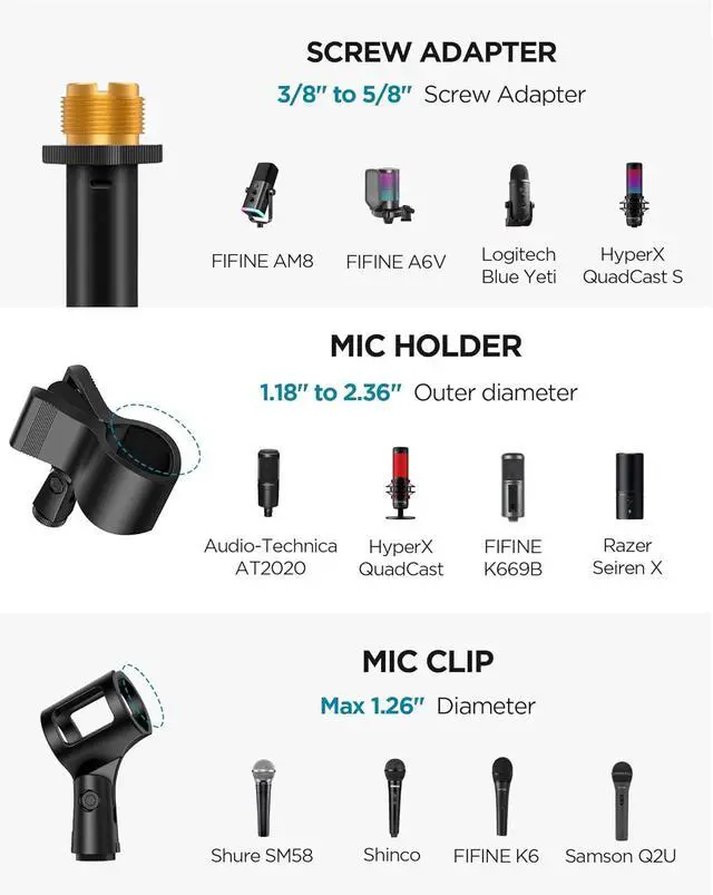 Alt view image 4 of 7 - Mic Stand Floor, Boom Arm Floor Microphone Stand Height Adjustable Heavy Duty with Iron Base for HyperX SoloCast, HyperX QuadCast S, Razer Seiren V3 Mini, Blue Yeti Shure SM58 and Other Mics