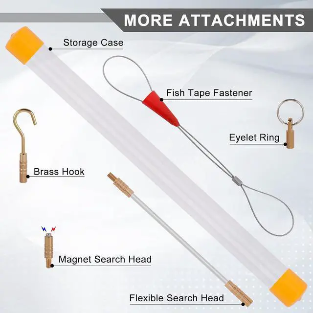 Alt view image 2 of 6 - 50FT Fiberglass Running Electrical Wire Cable Pulling Fish Tape kit in a Carrying Case Through Wall Cable Snake Rods Electrical Tools Kit with different attachments