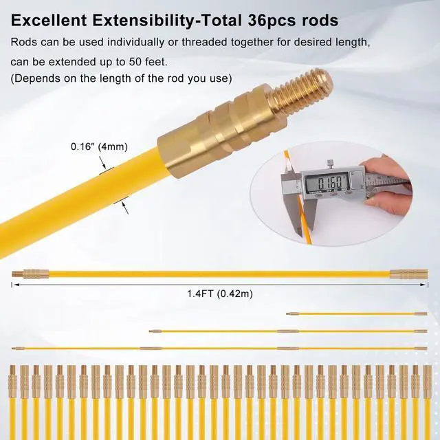 Alt view image 4 of 6 - 50FT Fiberglass Running Electrical Wire Cable Pulling Fish Tape kit in a Carrying Case Through Wall Cable Snake Rods Electrical Tools Kit with different attachments