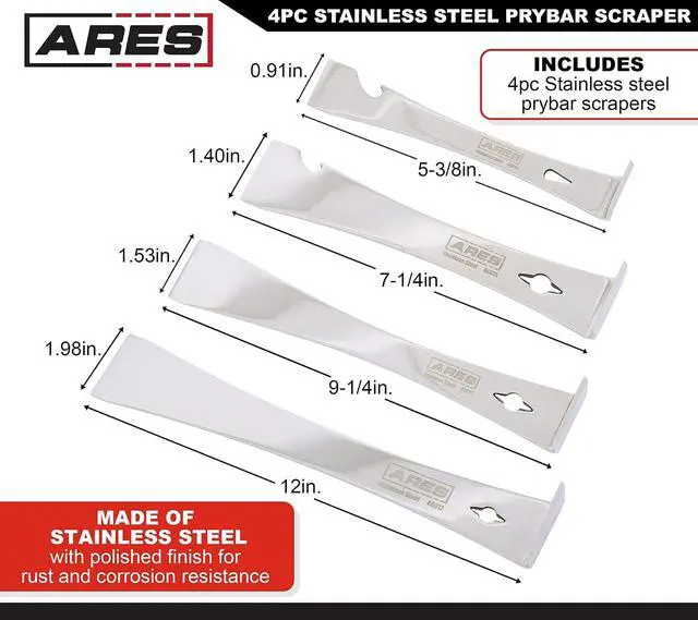 Alt view image 2 of 7 - 46020-4-Piece Stainless Steel Prybar Scraper Set - Ultra Sharp Scrapers Remove Residue from Steel, Aluminum, and More - Prybar Ends Offer Extra Leverage - Built-In Nail Puller and Bottle Opener