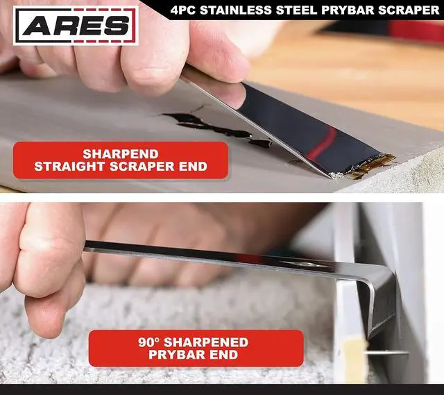 Alt view image 3 of 7 - 46020-4-Piece Stainless Steel Prybar Scraper Set - Ultra Sharp Scrapers Remove Residue from Steel, Aluminum, and More - Prybar Ends Offer Extra Leverage - Built-In Nail Puller and Bottle Opener
