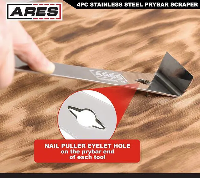 Alt view image 4 of 7 - 46020-4-Piece Stainless Steel Prybar Scraper Set - Ultra Sharp Scrapers Remove Residue from Steel, Aluminum, and More - Prybar Ends Offer Extra Leverage - Built-In Nail Puller and Bottle Opener