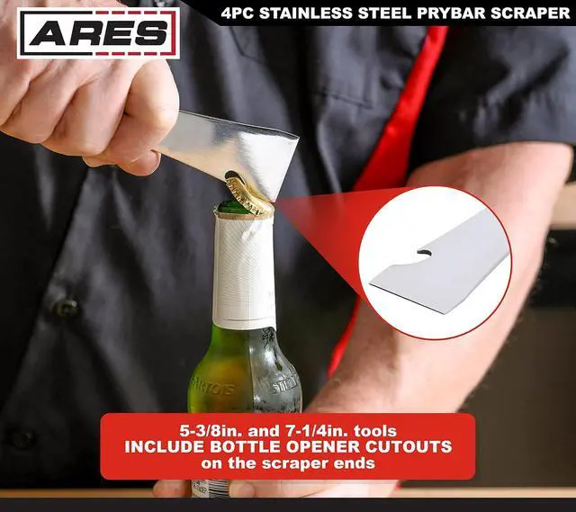 Alt view image 5 of 7 - 46020-4-Piece Stainless Steel Prybar Scraper Set - Ultra Sharp Scrapers Remove Residue from Steel, Aluminum, and More - Prybar Ends Offer Extra Leverage - Built-In Nail Puller and Bottle Opener