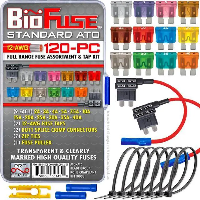 Main image of 120 Piece Full Range Fuse Assortment & Tap Kit: 108 Standard, ATO, ATC, ATS, APR Automotive Fuses 2A 3A 4A 5A 7.5A 10A 15A 20A 25A 30A 35A 40A, 2 Taps (12V, 12AWG), Ties, Connectors, Puller