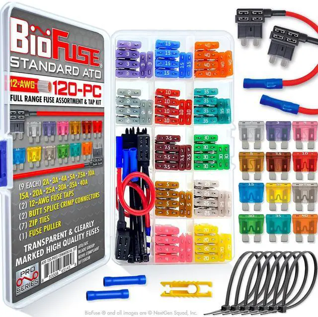 Alt view image 2 of 7 - 120 Piece Full Range Fuse Assortment & Tap Kit: 108 Standard, ATO, ATC, ATS, APR Automotive Fuses 2A 3A 4A 5A 7.5A 10A 15A 20A 25A 30A 35A 40A, 2 Taps (12V, 12AWG), Ties, Connectors, Puller