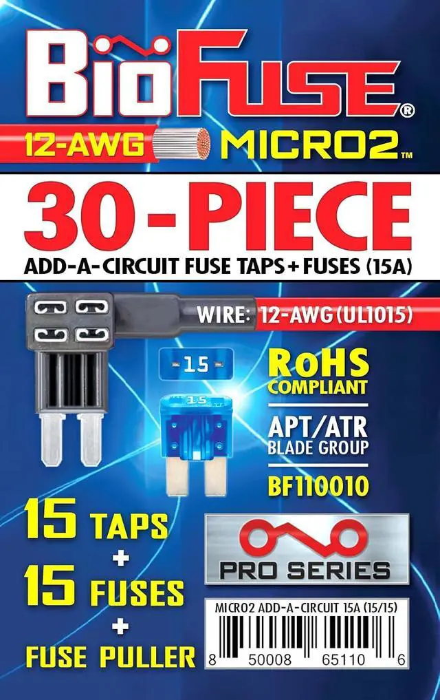 Alt view image 3 of 7 - 12 AWG Micro2 APT ATR 30 Piece Automotive Car Fuses and Holders Pack: (15) Add a Circuit Fuse Tap Adapters, (15) 15A Micro 2 Blade Fuses + Fuse Puller