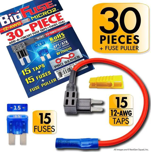 Alt view image 2 of 7 - 12 AWG Micro2 APT ATR 30 Piece Automotive Car Fuses and Holders Pack: (15) Add a Circuit Fuse Tap Adapters, (15) 15A Micro 2 Blade Fuses + Fuse Puller