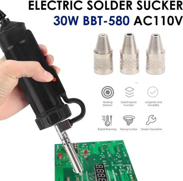 Main image of Electric Solder Sucker 30W Automatic Desoldering Pump with Vacuum Suction, 3 Nozzles (1.0mm, 1.5mm, 2.5mm) Tin Suction Device for Tin Removal Work (US Plug AC110V)