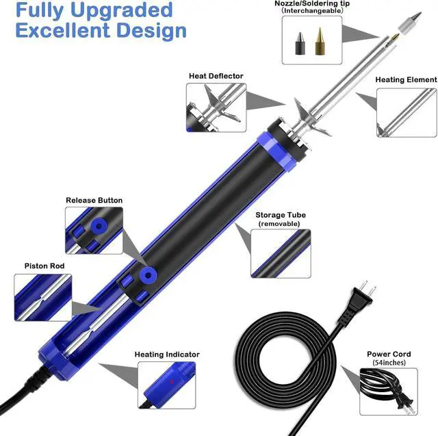 Alt view image 4 of 7 - 929D-V Electric Desoldering Soldering Iron Sucker Desoldering Pump Tool with 1.0mm & 1.2mm Nozzles, Desoldering Gun with Wick & Cleaning Pin for Through-Hole Solder Removal