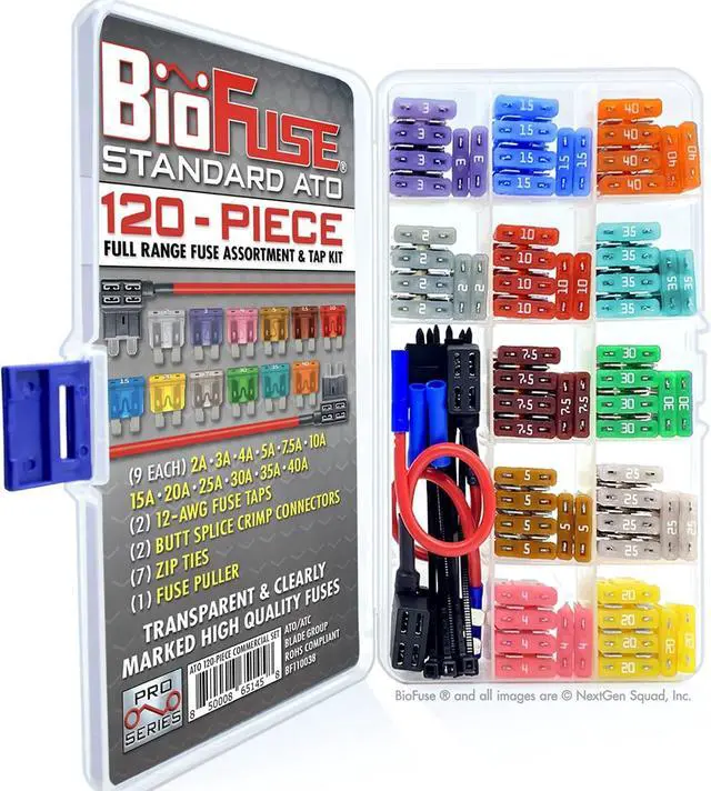 Alt view image 6 of 7 - 120 Piece Full Range Fuse Assortment & Tap Kit: 108 Standard, ATO, ATC, ATS, APR Automotive Fuses 2A 3A 4A 5A 7.5A 10A 15A 20A 25A 30A 35A 40A, 2 Taps (12V, 12AWG), Ties, Connectors, Puller