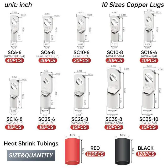 Alt view image 2 of 7 - 180Pcs AWG2 4 6 8 10 12 Thickened Tinned Copper Electric Wire LugsHeavy Duty Battery Cable Lug Ends Ring Terminal Connectors240Pcs 3:1 Heat Shrink Tubing Assortment Kit (420Pcs)
