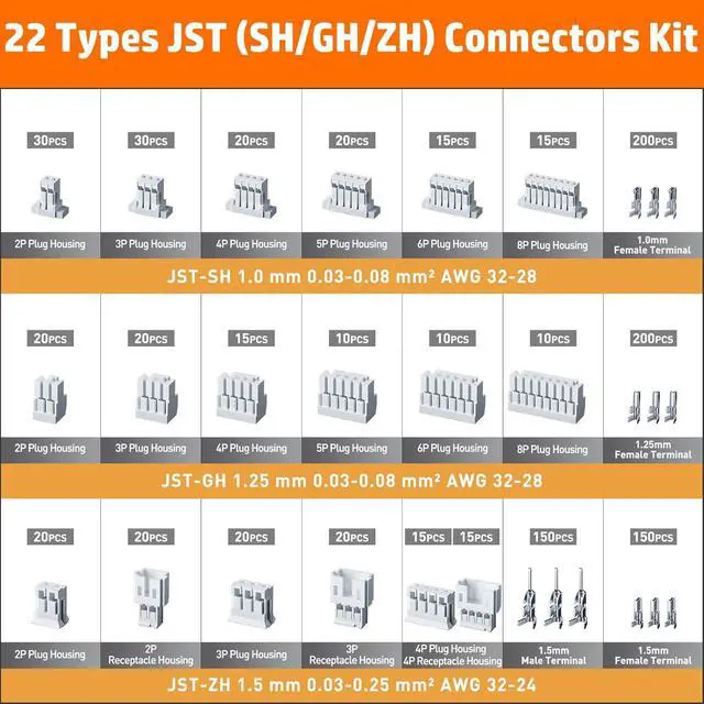 Alt view image 4 of 7 - Crimping Tool and JST Connector Kit, 22 Types of 1.0mm JST-SH, 1.25mm JST-GH, 1.5mm JST-ZH Connectors & Contacts, Crimp Pliers AWG 32-22 for 1.0mm - 2.0mm Pitch Pin Terminal, for DIY Electronics
