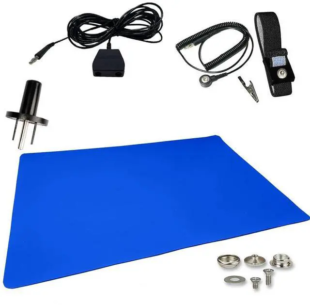 Main image of ESD Compliant Mat Workstation Kit - 16"x24"x.060", Wrist Strap Set, Ground Cord, Universal Snap Kit, Easy to Use Outlet Adapter,Computer/Cellphone Repair Kit, Soldering Mat - Royal Blue