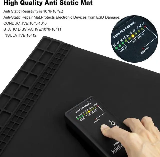 Alt view image 2 of 7 - Anti Static Soldering Mat, Extra Large 27.6" x 15.7" Heat Resistant 932°F Large Silicone ESD Safe Work Mat with Grounding Accessories and Anti Static Wrist Strap (Black)
