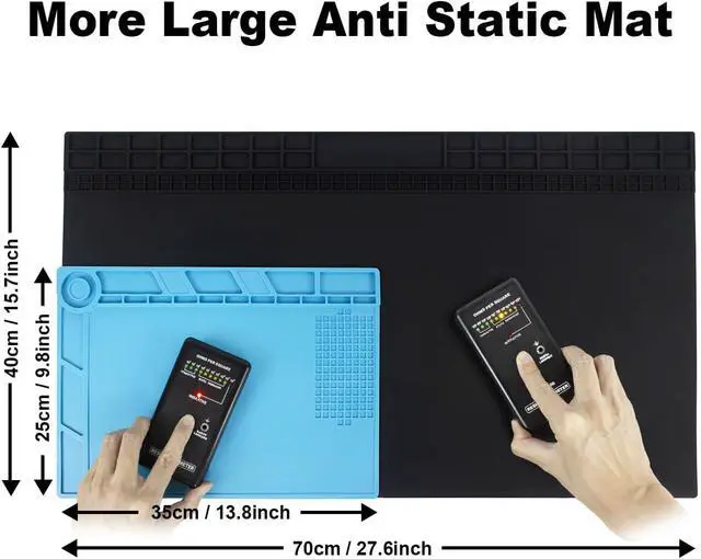Alt view image 5 of 7 - Anti Static Soldering Mat, Extra Large 27.6" x 15.7" Heat Resistant 932°F Large Silicone ESD Safe Work Mat with Grounding Accessories and Anti Static Wrist Strap (Black)