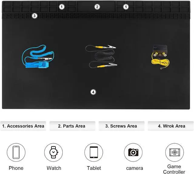 Alt view image 4 of 7 - Anti Static Soldering Mat, Extra Large 27.6" x 15.7" Heat Resistant 932°F Large Silicone ESD Safe Work Mat with Grounding Accessories and Anti Static Wrist Strap (Black)