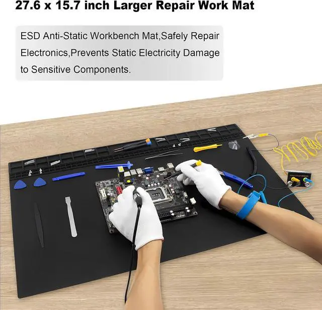 Alt view image 7 of 7 - Anti Static Soldering Mat, Extra Large 27.6" x 15.7" Heat Resistant 932°F Large Silicone ESD Safe Work Mat with Grounding Accessories and Anti Static Wrist Strap (Black)