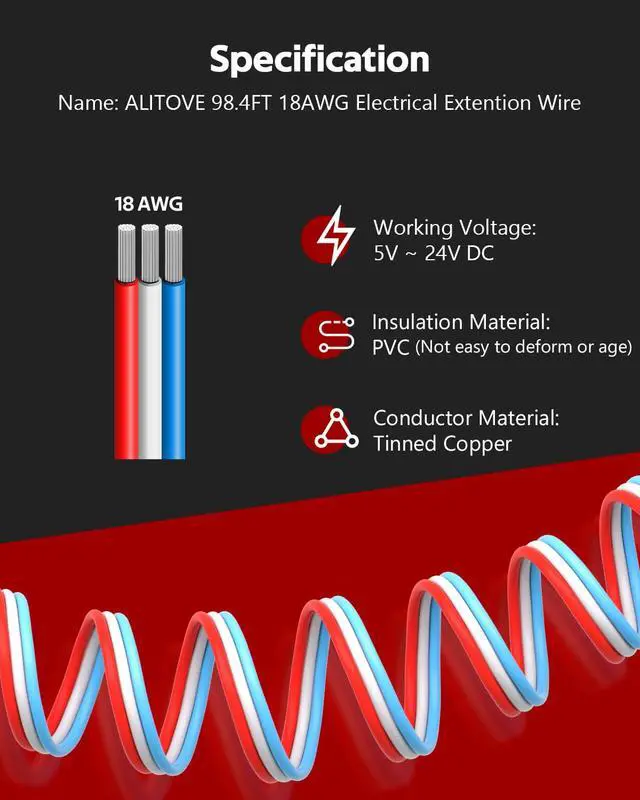 Alt view image 5 of 7 - 98.4ft 18 Gauge Wire 3 Pin 3 Conductor Electrical Wire 18 AWG Tinned Copper Wire 18/3 LED Wire Extension Cable for RGB IC WS2812B LED Strip WS2811 Pixel Halloween Christmas Lights DC 5/12/24V
