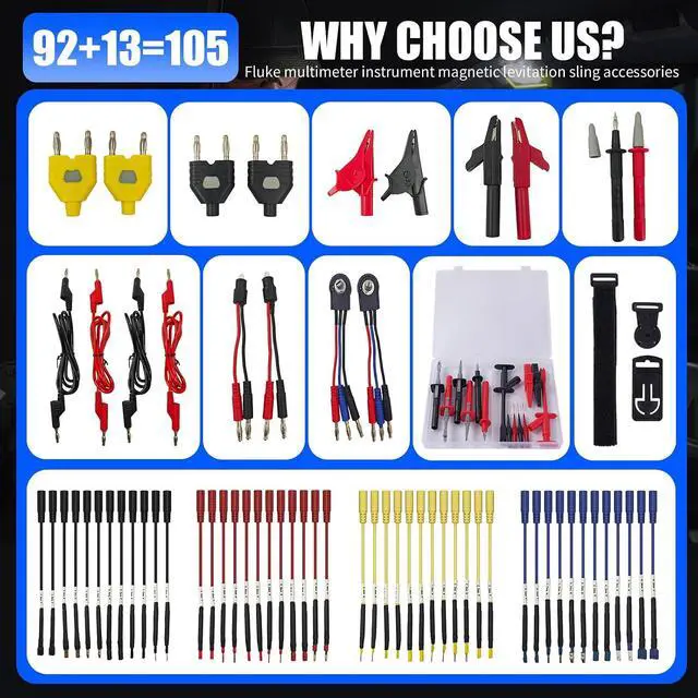 Alt view image 3 of 7 - 105PCS Multimeter Test Lead Kit with Hanging Loop Strap Magnetic Hanger for Fluke, Automotive Circuit Breakout Probe Kit, Banana Plug Leads & Large Alligator Clips
