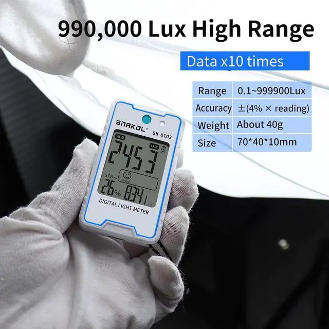 Alt view image 4 of 7 - Light Meter Foot Candles, Compact Lux Meter Illuminance with 999900Lux/92890FC, Pocket Light Illuminance Tester with Temperature Humidity Testing, LCD Display, Data Hold for Indoor Outdoor Lightmeter