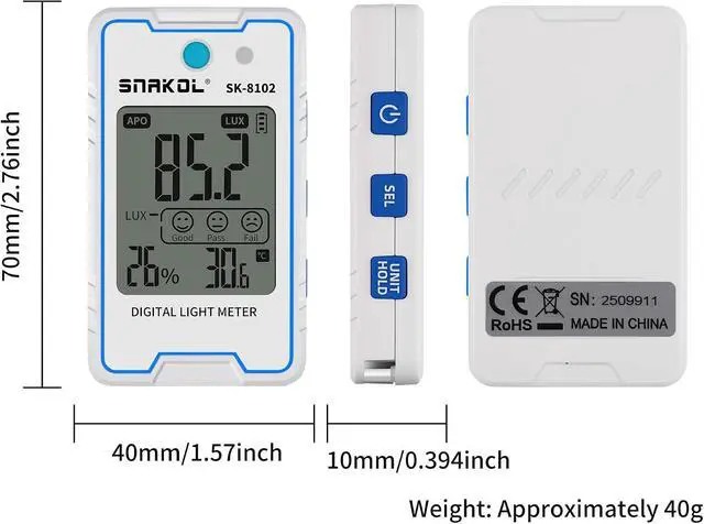 Alt view image 7 of 7 - Light Meter Foot Candles, Compact Lux Meter Illuminance with 999900Lux/92890FC, Pocket Light Illuminance Tester with Temperature Humidity Testing, LCD Display, Data Hold for Indoor Outdoor Lightmeter