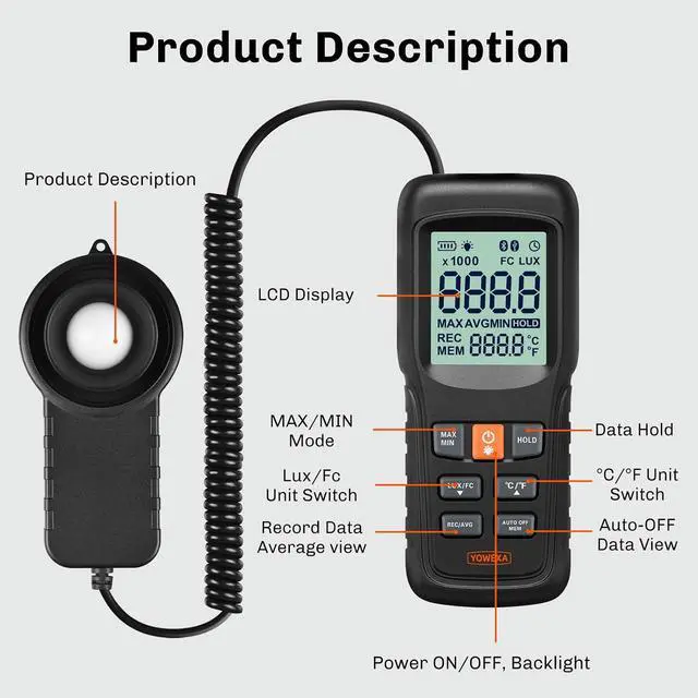 Alt view image 6 of 7 - Digital Light Meter for Plants and Lighting, Split Sensor Lux Meter