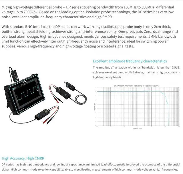 Alt view image 6 of 7 - 700V 100MHz High Voltage Differential Probe kit 3.5ns Rise Time 10X/100X Attenuation Rate Oscilloscope Probe Kit Accessory DP10007