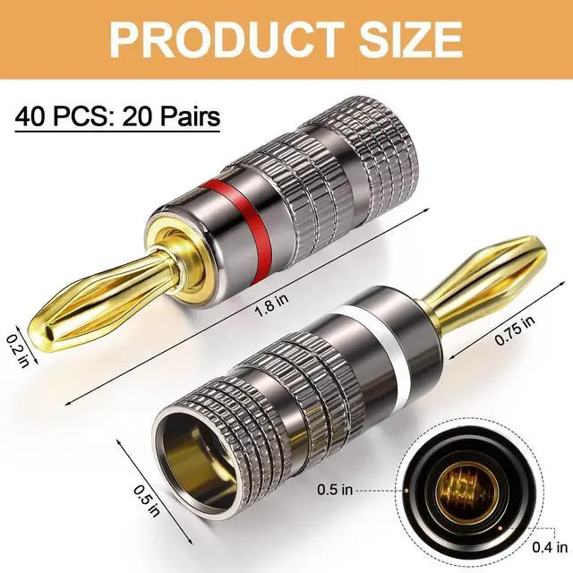 Alt view image 2 of 6 - 20 Pairs/ 40 Pcs Banana Plugs, 4mm Gold Plated, Dual Screw Lock, Compatible with Speaker, Audio/Video Receiver, Amplifier, Home Theater