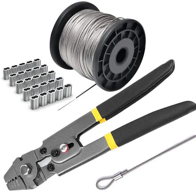 Main image of Wire Rope Crimping Tool Kit, with 1/16-304 Stainless Steel Cable 165 ft (7x7 Strand Core), 100 Cable Ferrule Aluminum Loop Sleeve Stops