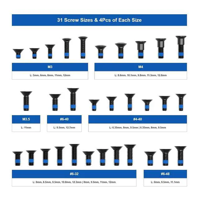 Alt view image 2 of 5 - Red Dot Mounting Screws Kit - 124 Pcs of 31 Sets Compatible with RMR Screws Include M3, M3.5, M4, #6-32, #4-40, #6-40, #6-48 (4 Pcs/Set) for Red Dot Sight & Plate Mounting