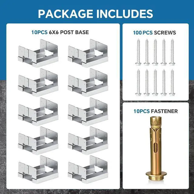 Alt view image 2 of 7 - 6x6 Galvanized Post Base for Concrete, 10 Pack Post Deck Base Anchor for 5.5x5.5 Wood, Post Base Holder with 1" Standoff for Deck Gazebo, Pergola, Porch, Includes 10 Fastener & 100 Screws